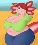  amphibian anthro axolotl bedroom_eyes big_breasts blush bottomwear breasts butt cleavage clothed clothing curvy_figure denim denim_clothing digital_media_(artwork) female gills hair hair_over_eye half-closed_eyes hands_behind_head hi_res huge_breasts jeans looking_at_viewer mammal mole_salamander narrowed_eyes navel nyool_(artist) one_eye_obstructed outside overweight overweight_anthro pants salamander_(amphibian) seductive simple_background smile solo thick_thighs topwear voluptuous wide_hips 