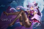  1girl animal_ears armpits bat_wings black_pantyhose cat_ears detached_sleeves elbow_gloves feet fh_moya gloves highres long_hair looking_at_viewer no_shoes original panties panties_under_pantyhose pantyhose purple_hair red_eyes ribbon soles solo toes torn_clothes torn_legwear underwear wings 