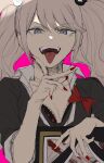  1girl absurdres bangs black_bra black_shirt blonde_hair blue_eyes bow bra breasts danganronpa:_trigger_happy_havoc danganronpa_(series) enoshima_junko hair_ornament highres holding holding_photo iei krmtknkoo1582 large_breasts long_hair long_tongue photo_(object) pink_background red_bow shirt simple_background smile solo teeth tongue twintails underwear upper_body upper_teeth 