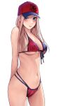 1girl applekun arms_behind_back bangs bare_arms bare_legs baseball_cap bikini blue_eyes blush breasts earrings fate/grand_order fate_(series) flag_print front-tie_bikini front-tie_top hair_between_eyes halterneck hat highres jewelry long_hair looking_at_viewer medium_breasts miyamoto_musashi_(fate) multiple_straps navel out_of_frame pink_hair simple_background solo star_(symbol) star_print string_bikini striped striped_bikini swimsuit two-tone_headwear underboob white_background 