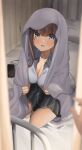  1girl 1other :d bed black_skirt blanket blue_eyes blurry blurry_foreground blush breasts brown_hair cellphone charging_device cleavage collared_shirt commentary_request earphones earphones_removed highres holding holding_blanket infirmary large_breasts long_hair noyama_(noyama8888) on_bed open_mouth original out_of_frame phone pleated_skirt pov school_uniform shirt sitting skirt smartphone smile solo_focus thighs translation_request unbuttoned unbuttoned_shirt white_shirt 