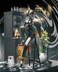  1boy animal_ears bishounen black_hair black_necktie camera english_text flower formal full_body glasses highres indoors ishida_(segu_ishida) lamp male_focus necktie orange_eyes original photo_(object) rabbit_boy rabbit_ears short_hair sitting solo stool suit vest 