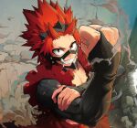  1boy boku_no_hero_academia clenched_hand commentary damaged english_commentary foreshortening grin insecureillu kirishima_eijirou looking_at_viewer male_focus red_eyes red_hair rubble scratches sharp_teeth smile smoke solo spiked_hair teeth torn_clothes 