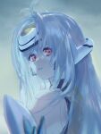  1girl absurdres android armor bangs bare_shoulders blue_hair breasts elbow_gloves forehead_protector gloves highres kos-mos long_hair looking_at_viewer negresco red_eyes simple_background solo very_long_hair xenosaga 