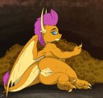 anthro anus cave claws coin detailed_background dragon female friendship_is_magic genitals hasbro hi_res looking_at_viewer lying membrane_(anatomy) membranous_wings money my_little_pony on_side orange_body pussy rear_view signature smolder_(mlp) solo teal_eyes treasure wings zafara_(artist) 