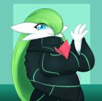  2022 4_fingers arm_under_breasts big_breasts blue_eyes breasts cloak clothing female fingers gardevoir gesture green_background green_hair hair hair_over_eye hi_res humanoid kordcross long_hair looking_at_viewer nintendo not_furry one_eye_obstructed pok&eacute;mon pok&eacute;mon_(species) simple_background smile solo video_games waving waving_at_viewer 