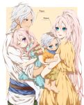  alphen_(tales) alternate_costume bangs blue_eyes child couple dark-skinned_male dark_skin dress family father_and_daughter female_child hair_between_eyes happy high_ponytail highres holding husband_and_wife long_hair male_child married mother_and_son muturax0 official_alternate_costume pink_hair ponytail shionne_(tales) sidelocks smile tales_of_(series) tales_of_arise twintails very_long_hair white_hair 