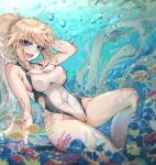  1girl air_bubble blonde_hair blue_eyes bubble commentary_request competition_swimsuit coral cowboy_shot fate/grand_order fate_(series) fish high_ponytail highres jeanne_d&#039;arc_(fate) jeanne_d&#039;arc_(swimsuit_archer)_(fate) jeanne_d&#039;arc_(swimsuit_archer)_(second_ascension)_(fate) long_hair looking_at_viewer one-piece_swimsuit open_mouth ru_251 smile solo swimsuit teeth underwater upper_teeth whistle whistle_around_neck 