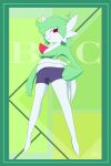  2022 3_fingers absurd_res blue_border border bottomwear clothing female fingers gardevoir green_background green_hair grin hair hair_over_eye hand_on_hip hi_res humanoid kordcross low-angle_view nintendo not_furry one_eye_obstructed pok&eacute;mon pok&eacute;mon_(species) ponytail red_eyes shorts simple_background smile solo video_games 