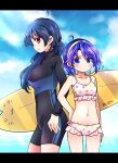  2girls alternate_costume beach bikini blue_eyes blue_hair breasts highres iizunamaru_megumu large_breasts long_hair multicolored_hairband multiple_girls pote_(ptkan) rainbow_gradient red_eyes short_hair small_breasts swimsuit tenkyuu_chimata touhou 