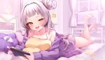  1girl :d bangs bare_legs bare_shoulders barefoot blush cardigan full_body grey_hair hair_bun handheld_game_console highres holding holding_handheld_game_console hololive indoors long_hair long_sleeves looking_at_viewer lying monitor murasaki_shion nail_polish namagome_negi nintendo_switch off_shoulder official_art on_bed on_stomach open_cardigan open_clothes purple_cardigan purple_nails shiokko_(murasaki_shion) single_side_bun smile solo spaghetti_strap the_pose virtual_youtuber yellow_eyes youtube_creator_award 