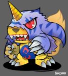  angry artist_name claws colored_skin digimon digimon_(creature) fur gabumon grey_background horns open_mouth red_eyes sharp_teeth single_horn sinobali standing tail teeth yellow_skin 