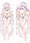  2girls ankle_flower bangs bare_legs barefoot bed_sheet blush breasts cleavage closed_mouth dakimakura_(medium) detached_collar flower from_above groin hair_between_eyes hair_flower hair_ornament highleg highleg_panties kokkoro_(princess_connect!) long_hair looking_at_viewer lying medium_breasts medium_hair midriff moeanime multiple_girls navel on_back panties princess_connect! red_eyes shiny shiny_hair sideboob small_breasts smile stomach underwear very_long_hair white_flower white_hair white_panties 