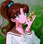  1girl bishoujo_senshi_sailor_moon brown_hair brown_sailor_collar earrings flower_earrings green_background green_eyes highres jewelry jupiter_symbol kino_makoto long_hair looking_up popogano sailor_collar school_uniform serafuku solo upper_body wand 