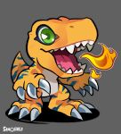  agumon artist_name claws digimon digimon_(creature) fire green_eyes grey_background open_mouth sinobali solo standing teeth tongue 