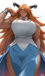  absurdres blue_skirt bracelet breasts commission curvy expressionless hair_over_one_eye highres horns huge_breasts impossible_clothes impossible_shirt jewelry long_hair muscular muscular_female orange_eyes orange_hair original shirt signature skirt sunsirou very_long_hair white_shirt 