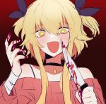  1boy blonde_hair blood blush envy_elika_(koyashaka) hair_ribbon heart heart-shaped_pupils highres holding holding_knife knife koyashaka looking_at_viewer male_focus open_mouth original otoko_no_ko red_background ribbon solo symbol-shaped_pupils white_background yandere yellow_eyes 