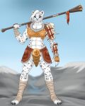  abs anthro armor blackbetty breasts clothed clothing felid female fur hair hi_res holding_object holding_weapon leopard looking_at_viewer mammal melee_weapon muscular muscular_anthro muscular_female pantherine simple_background snow_leopard solo spots standing weapon 