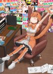  1girl animal_costume animal_ear_fluff animal_ears blush bow bowtie caracal_(kemono_friends) caracal_ears chair closed_eyes closed_mouth computer desk elbow_gloves gloves highres kemono_friends kemono_friends_v_project kneehighs long_hair microphone nishnish5319 orange_hair shirt sitting skirt sleeveless sleeveless_shirt socks solo tail virtual_youtuber 