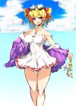  1girl alternate_costume blonde_hair breasts dress eyewear_on_head highres holding holding_clothes holding_legwear medium_breasts ocean pandain red_eyes sandals solo sunglasses touhou twintails water white_dress yorigami_jo&#039;on 