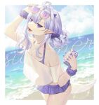  1girl adjusting_eyewear bare_shoulders beach can cloud cloudy_sky eyewear_on_head highres holding holding_can horns long_hair looking_at_viewer nail_polish ocean open_mouth outdoors pointy_ears purple_eyes purple_hair purple_nails purple_skirt shirt short_sleeves skirt sky smile sunglasses swimsuit swimsuit_under_clothes tail wenz wet wet_clothes wet_shirt white_shirt 