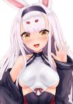  1girl :d absurdres animal_ears azur_lane bangs bare_shoulders black_hairband black_jacket breasts brown_eyes collarbone commentary_request covered_collarbone hair_intakes hairband hand_up highres jacket long_sleeves looking_at_viewer off_shoulder open_clothes open_jacket puffy_long_sleeves puffy_sleeves rabbit_ears ryara shimakaze_(azur_lane) simple_background sleeves_past_wrists small_breasts smile solo upper_body white_background white_hair 