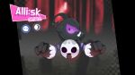  absurdres allister_(pokemon) blurry blurry_background colored_sclera commentary drunkoak english_commentary english_text floating full_body fusion galarian_yamask ghost highres korean_text mask no_humans pokemon pokemon_(creature) purple_eyes purple_sclera red_background sad solo translation_request 