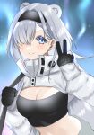  &gt;:) 1girl animal_ears arknights aurora_(arknights) bangs bear_ears black_gloves black_hairband blue_eyes breasts cleavage commentary_request gloves hair_over_one_eye hairband hand_up highres lia_(pzvs3887) long_hair long_sleeves looking_at_viewer medium_breasts midriff partial_commentary shrug_(clothing) solo stomach strapless tube_top upper_body v v-shaped_eyebrows white_hair 