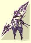  1girl alternate_breast_size armor artery_gear artery_gear:_fusion back_cutout breasts clothing_cutout framed_breasts groin highres holding holding_polearm holding_weapon impossible_clothes kuro_(kuroi-nanika) looking_at_viewer mecha_musume mechanical_ears mechanical_legs mechanical_wings medium_breasts phantom_(artery_gear) polearm purple_eyes purple_hair revealing_clothes shadow short_hair side_cutout simple_background skin_tight solo spear stomach stomach_cutout thighs tight v-shaped_eyebrows weapon wings yellow_background 