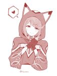  1girl animal_ears animal_hood bangs blush breasts cat_ears closed_mouth disguised_pyra_(xenoblade) fingerless_gloves gloves heart highres hood hoodie long_sleeves looking_at_viewer mochimochi_(xseynao) own_hands_together pyra_(xenoblade) smile solo 