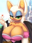  &lt;3 2022 alphadesu anthro big_breasts blurred_background breasts chiropteran cleavage clothed clothing digital_media_(artwork) eyeshadow female hi_res huge_breasts looking_at_viewer makeup mammal outside rouge_the_bat sega smile solo sonic_the_hedgehog_(series) tongue wings 