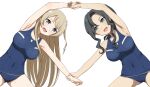  2girls armpits ass_visible_through_thighs bangs bare_shoulders black_hair blonde_hair breasts collarbone covered_navel drill_hair forehead grey_eyes highres large_breasts leaning_to_the_side long_hair looking_at_viewer miroku_renge miroku_yumiko multiple_girls old_school_swimsuit one-piece_swimsuit one_side_up open_mouth parted_bangs school_swimsuit sidelocks simple_background smile stretching swimsuit user_tmwx3385 very_long_hair wavy_hair yuuki_yuuna_wa_yuusha_de_aru yuuki_yuuna_wa_yuusha_de_aru:_hanayui_no_kirameki yuusha_de_aru 