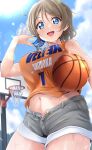  1girl bangs bare_shoulders basketball basketball_hoop basketball_jersey bloom blue_eyes bottle breast_squeeze breasts brown_hair covered_nipples from_below highres kirisaki_reina large_breasts looking_at_viewer love_live! love_live!_sunshine!! midriff_peek navel open_fly open_mouth outdoors short_shorts shorts sky smile sunlight swept_bangs watanabe_you water_bottle wet 