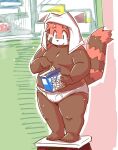  2022 ailurid anthro appliance belly black_body black_nose bulge clothing food fridge futaba_kotobuki humanoid_hands kemono kitchen_appliance male mammal moobs overweight overweight_male red_body red_panda solo takagi_kyou towel trouble_(series) underwear young 