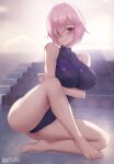  1girl aztodio backlighting bangs bare_shoulders barefoot black_leotard breasts covered_nipples fate/grand_order fate_(series) hair_over_one_eye highleg highleg_leotard large_breasts legs leotard light_purple_hair looking_at_viewer mash_kyrielight purple_eyes short_hair sitting smile solo 