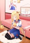  1girl absurdres akai_haato anhun bangs bed bedroom blonde_hair blurry carpet closed_eyes commentary depth_of_field haaton_(akai_haato) hair_ornament hair_ribbon heart heart_hair_ornament highres hololive letter long_hair poster_(object) pov ribbon seiza sitting smile solo thighhighs virtual_youtuber 