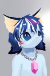  ambiguous_gender blue_body blue_eyes blue_fur blue_hair chansea crystal ear_fins fantasy_creature fin fish fur gills hair humanoid jewelry jinxi_frauder marine multicolored_hair necklace purple_hair solo 