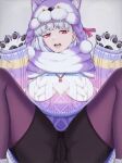  1girl animal_costume animal_hands badge bangs blush braid breasts crotch fate/grand_order fate_(series) gloves grey_pants hair_ribbon kama_(fate) long_sleeves looking_at_viewer medium_breasts multicolored_sweater nikumaki43 open_mouth pants paw_gloves purple_scarf red_eyes ribbon scarf short_hair solo spread_legs twin_braids white_background white_hair 