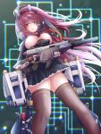  1girl artery_gear artery_gear:_fusion ass_visible_through_thighs between_breasts blush breasts buttons double-breasted dutch_angle exoskeleton grace_(artery_gear) gun highres holding holding_gun holding_weapon kriss_vector leaning_back long_hair looking_at_viewer machinery magazine_(weapon) mecha_musume mechanical_ears mechanical_gloves necktie o_o open_mouth pleated_skirt purple_eyes purple_hair red_necktie rigging scope skirt solo standing submachine_gun suppressor thighhighs thighs trigger_discipline underboob user_trvm8258 very_long_hair weapon wind wind_lift zettai_ryouiki 