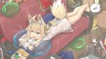  1girl absurdres ahoge animal_ear_fluff animal_ears aqua_eyes bangs barefoot blonde_hair controller couch fang fox_ears fox_girl fox_tail game_console game_controller hair_between_eyes hair_over_shoulder highres hinbackc indoors long_shirt long_sleeves low_ponytail lying no_pants on_couch on_stomach open_mouth original scenery shirt slime_(creature) snack solo tail tail_raised white_shirt wooden_floor 