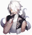  1boy absurdres bishounen black_gloves ear_piercing gloves hair_ornament hair_over_one_eye hairclip hand_up highres jacket male_focus original piercing shirt short_hair simple_background smile solo srb7606 tentacles upper_body white_background white_hair white_shirt yellow_eyes 