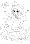  1girl ameyu_(rapon) blush bow cirno closed_mouth dress fairy frilled_sleeves frills full_body hair_bow highres ice ice_wings lineart puffy_short_sleeves puffy_sleeves shoes short_hair short_sleeves simple_background sketch smile snowflakes solo touhou white_background wings 
