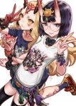  2girls b.c.n.y. bare_legs black_thighhighs blonde_hair blue_shirt blush bodypaint casual character_name curly_hair detached_collar expressionless facepaint fate/grand_order fate_(series) food food_on_face glasses grin hair_between_horns highres holding holding_food horns ibaraki_douji_(fate) locked_arms long_hair looking_at_viewer medium_hair multiple_girls oni oni_horns print_shirt purple_eyes purple_hair shirt short_shorts shorts shuten_douji_(fate) smile staring thighhighs v very_long_hair w_over_eye white_shirt yellow_eyes 