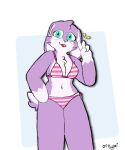  absurd_res anthro clothing female floppy_ears fur fylumi gesture green_eyes hi_res lagomorph leporid mammal open_mouth pattern_clothing pink_body pink_fur rabbit scut_tail shaded short_tail simple_background simple_nose simple_shading solo solo_focus striped_clothing stripes swimwear toony v_sign 