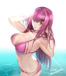  1girl absurdres bikini breasts fate/grand_order fate_(series) hair_intakes hands_in_hair highres large_breasts lipstick long_hair looking_at_viewer makeup parted_lips purple_bikini purple_hair red_eyes ri-ko scathach_(fate) solo swimsuit very_long_hair water 