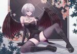  1girl arm_support artist_name bare_shoulders black_footwear black_gloves blue_eyes boots breast_tattoo breasts brown_wings chain character_request collarbone commission elbow_gloves feathered_wings full_body gloves hair_over_one_eye highres jisas leaf medium_breasts pale_skin short_hair solo spread_legs tattoo thighhighs white_hair wings 