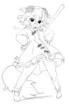  1girl ameyu_(rapon) animal_ears blush broom dog_ears dog_tail dress fang full_body hair_between_eyes hands_on_hips highres kasodani_kyouko lineart long_sleeves open_mouth shoes short_hair simple_background sketch smile solo tail touhou white_background 