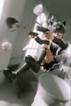  1boy animal_ears bishounen black_hair blood blurry blurry_background bowl cat_boy cat_ears commentary_request dual_wielding fake_animal_ears full_body gun handgun highres holding indoors ishida_(segu_ishida) jumping maid male_focus mouse original shoes short_hair shorts solo table tablecloth thigh_gap thigh_strap thighhighs thighs weapon yellow_eyes 