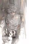  1boy bangs bath bathroom danganronpa_(series) danganronpa_2:_goodbye_despair gag grey_hair hair_between_eyes highres improvised_gag indoors komaeda_nagito male_focus medium_hair messy_hair pants shampoo_bottle shiny shiny_hair short_sleeves solo tape tape_gag towel tttti_(tttinpc) 