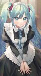  1girl aqua_eyes aqua_hair bangs between_legs blush hair_ornament hand_between_legs hatsune_miku highres kirisaki_shuusei long_hair looking_at_viewer maid necktie smile twintails very_long_hair vocaloid 